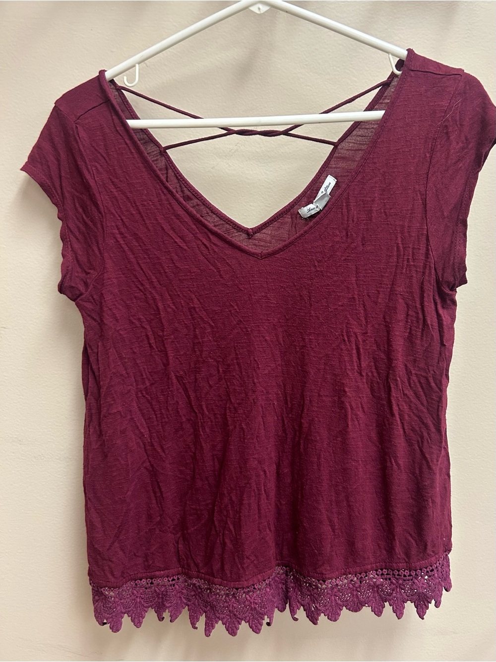 American Eagle Outfitters Short Sleeve Top with Lace Hem - Burgundy size small